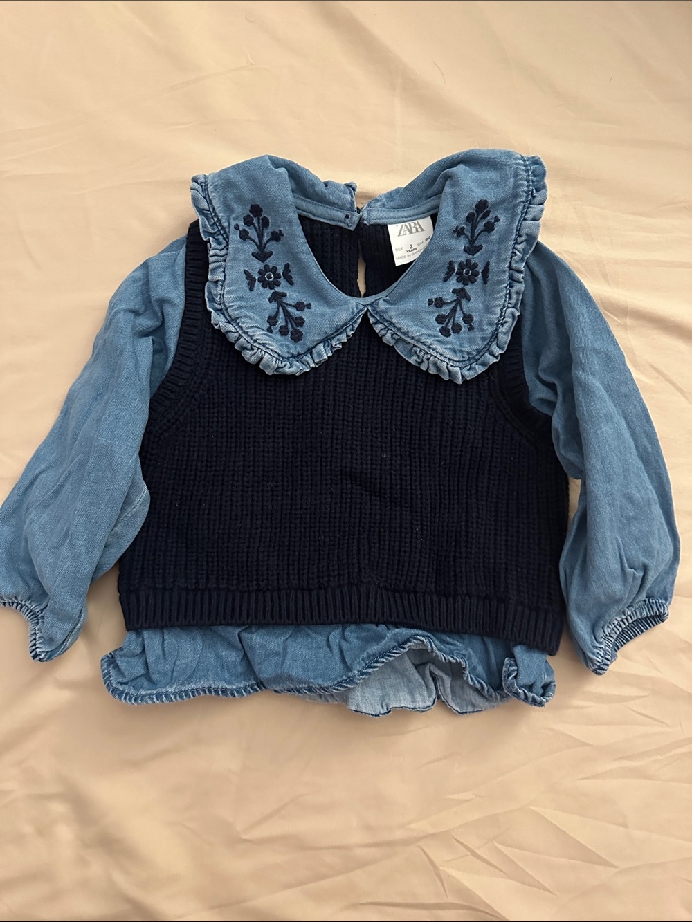 Zara Navy Knit Vest with Light Blue Denim-Look Blouse